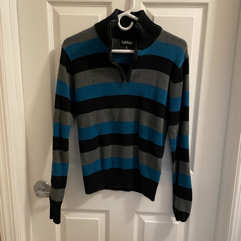 Carbon Sweater Mens Small Horizontal Stripe Black Gray Blue